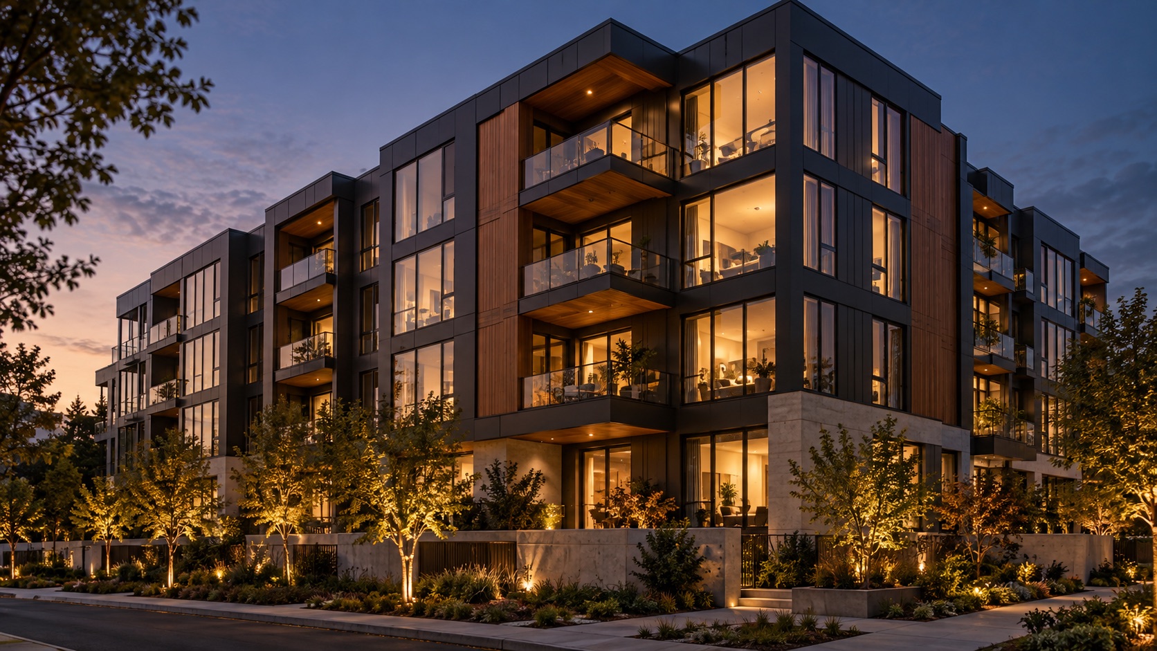 Contemporary multifamily apartment building illuminated at dusk